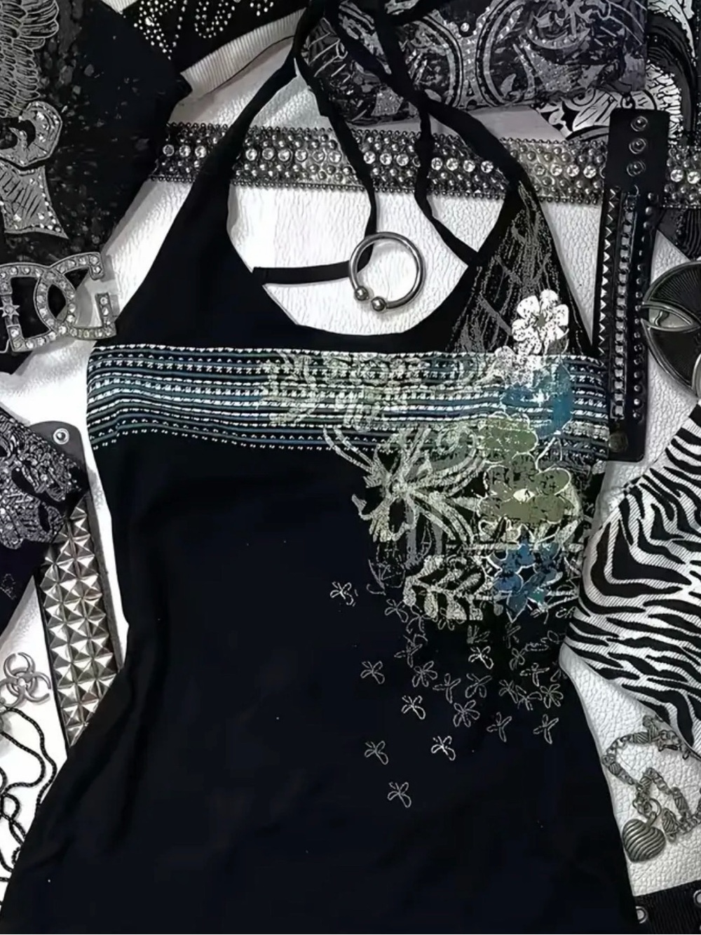 Black Halter Tank with Blue & Green Floral Print Graphic Tie Halter Sz XL